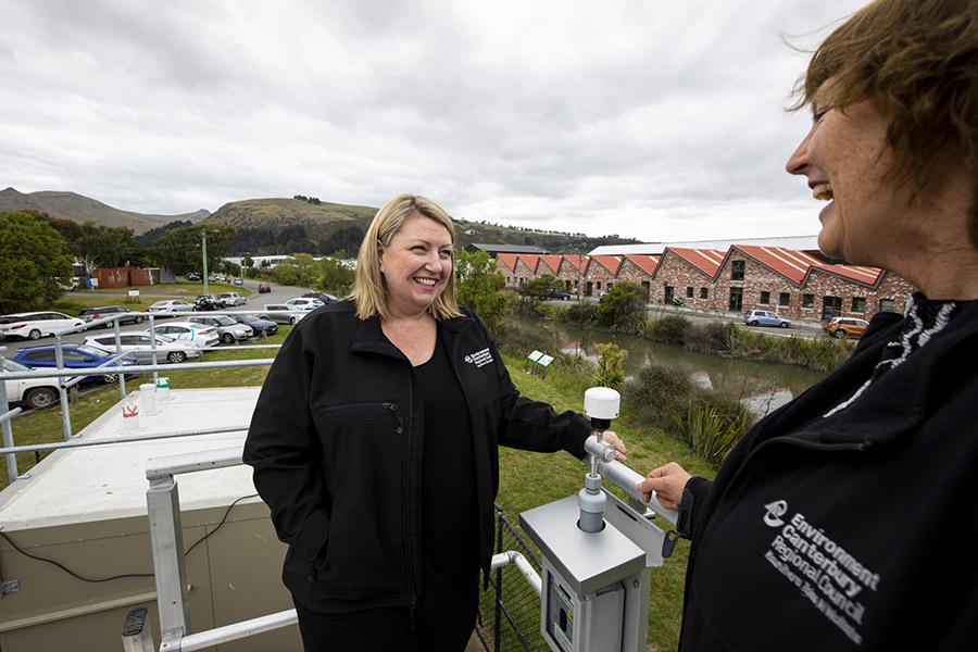 Interview with ECan staff at the Tannery Christchurch where the air pollution monitor is.