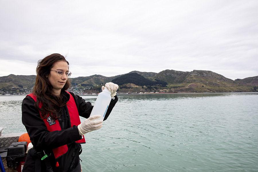 Person analysing water quality in harbour