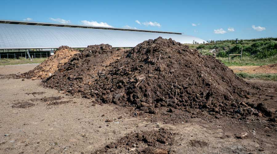 <p>Dairy farm compost on an elevated and compacted pad behind feed barn</p>