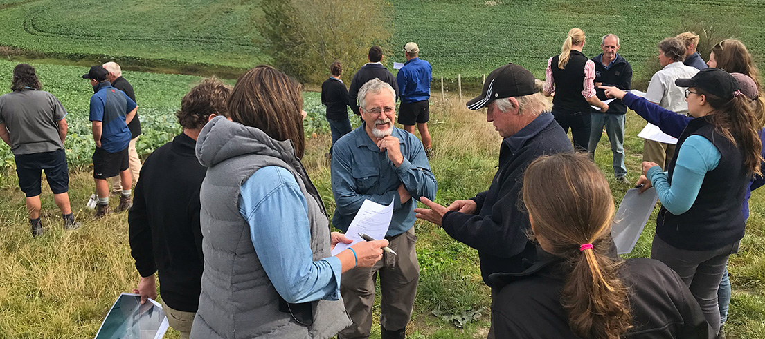 Land Management Advisor Ian Lyttle C talks to farmers about winter grazing at a field day near Timaru in 2019