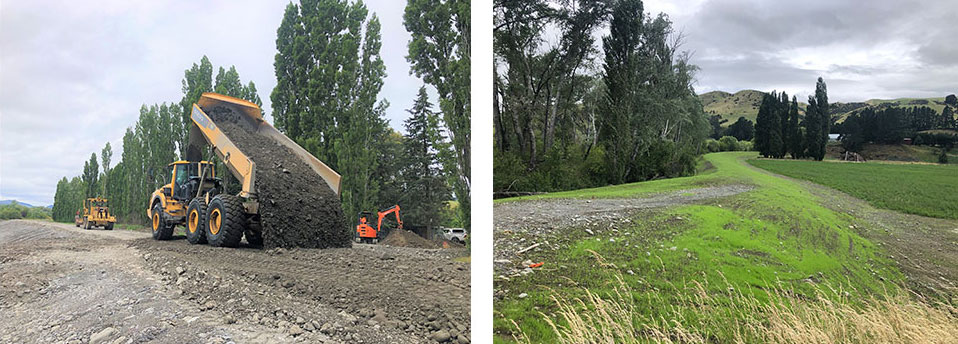 Left: Top-soiling the newly compacted stopbank. Right: Grass sprouting on the new stopbank after spring rains. 