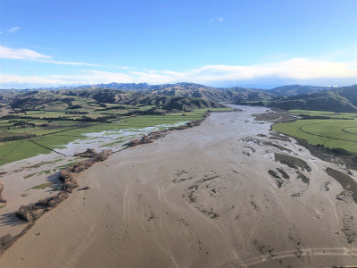 The Waiau Uwha River at Spotswood looking upstream after heavy rainfall - 17 July 2021.