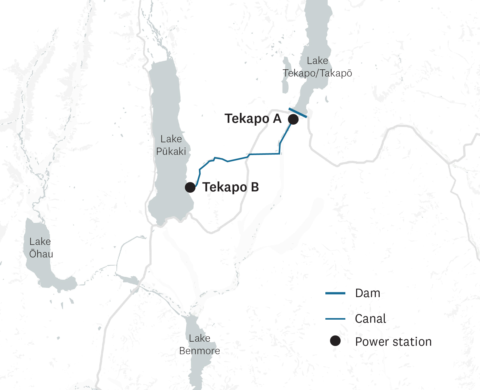 View hydroelectric schemes in the Tekapo district