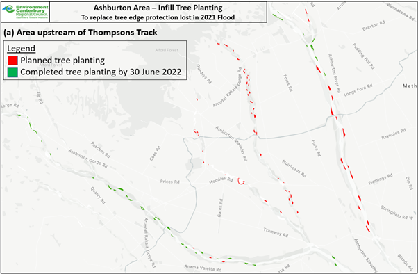 Figure: Ashburton Area—Infill Tree Planting To replace tree edge protection lost in 2021 Flood. (a) Area upstream of Thompsons Track. Planned tree planting is marked in red. Completed tree planting by 30 June 2022 is marked in green. 