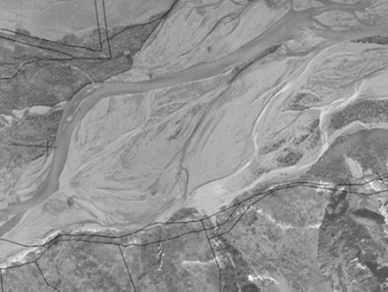 An aerial view of a portion of the Ashley River/Rakahuri as it was in the 1960s.