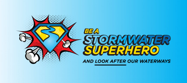 Stormwater super hero logo, blue background with super hero symbol